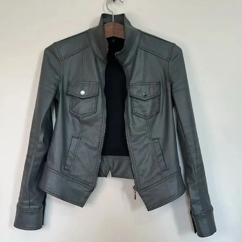 WHBM Gray Coated Denim Band Jacket Size 10 🩶✨🩶